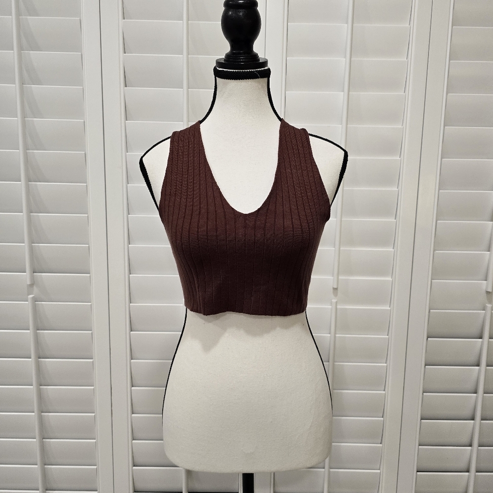 Shein Brown Crop Top V-Neck Sleeveless Tie Back Size 4